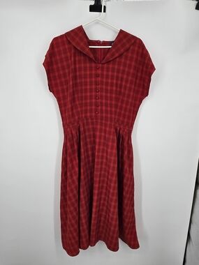 Collectif Red Plaid Sailor-Collar Midi Dress Large (7863)